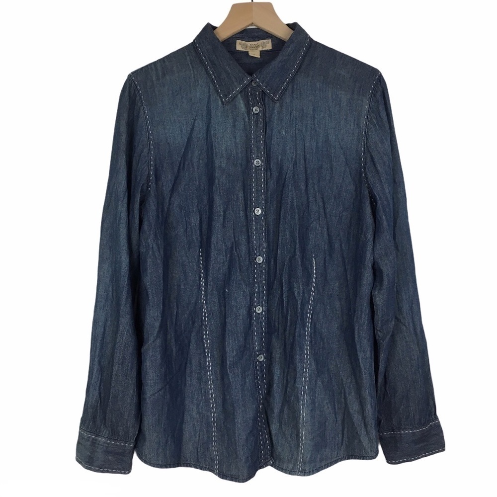 Chambray Shirt NINE WEST Button Up Long Sleeve Minimalist 100% Cotton Size Large